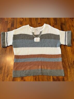 BKE Resort Edit Striped Short-Sleeve Sweater | Cream, Olive, Steel Blue & Copper